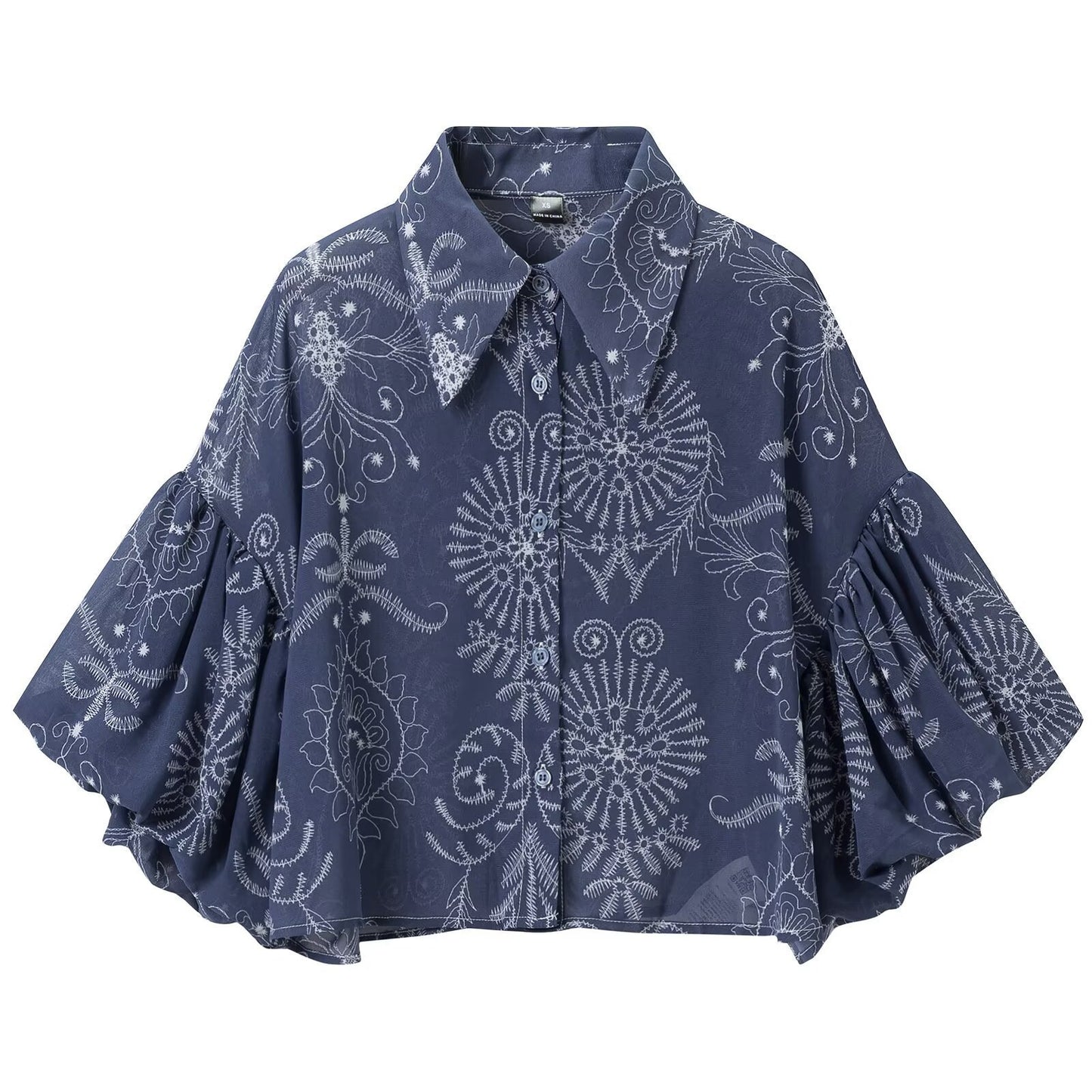 Vintage Style Chiffon Blouse With Printing, Featuring Lapel Collar And Puff Sleeves For Women