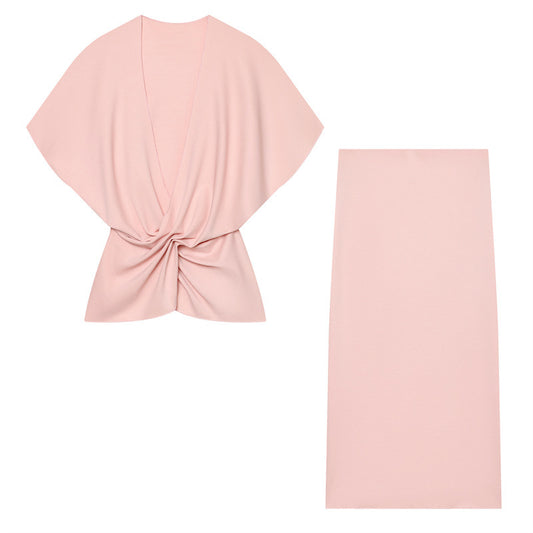 Streetwear Skirt Co-ord Set With Folds, Short Sleeve Polyester, 2 Pieces Set For Spring