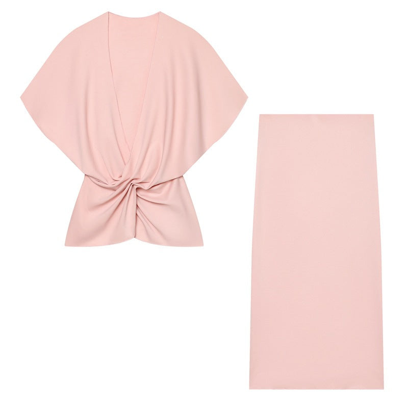 Streetwear Skirt Co-ord Set With Folds, Short Sleeve Polyester, 2 Pieces Set For Spring