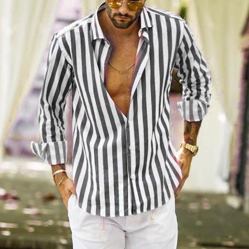 Casual Stripe Long Sleeve Men's Shirt In Polyester Fabric With Printing Craft And Lapel Collar
