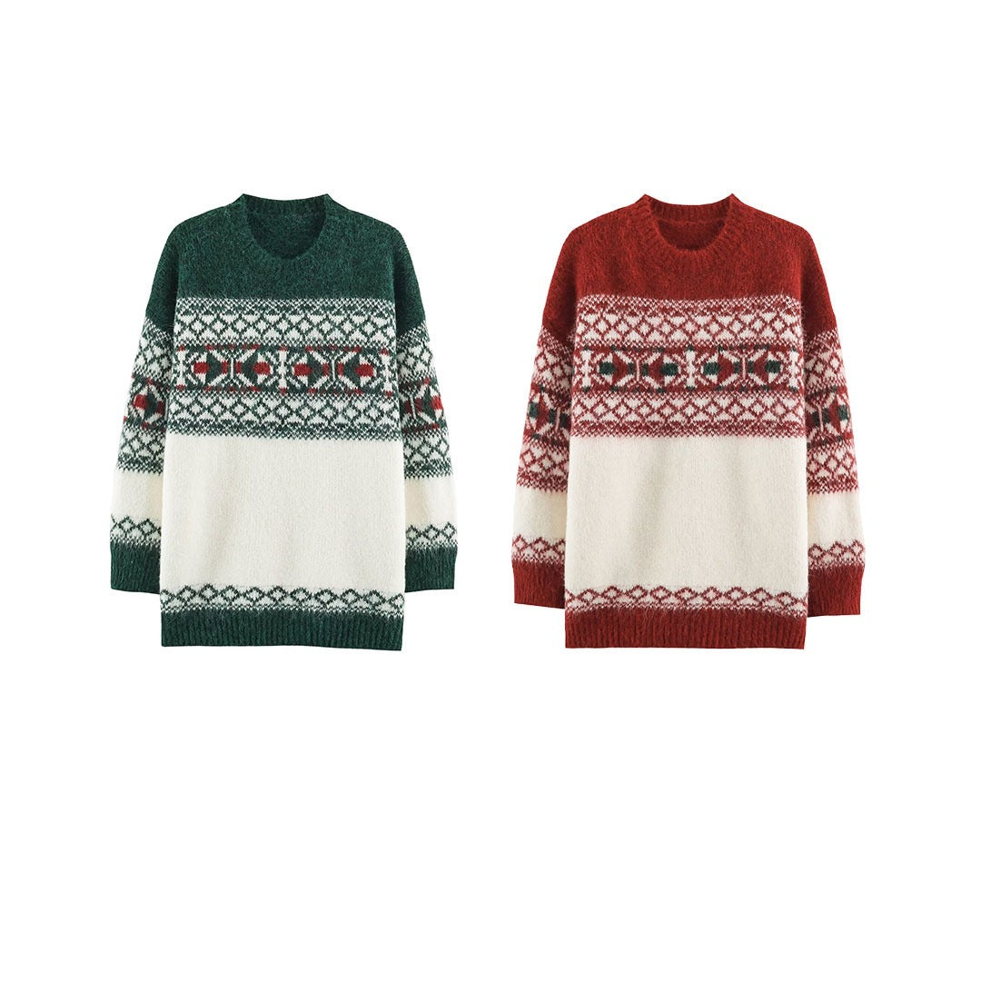 Color Block Christmas Knit Sweater With Long Sleeve Featuring Jacquard Craft And Pullover Design