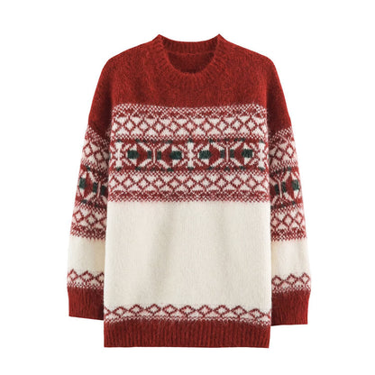 Color Block Christmas Knit Sweater With Long Sleeve Featuring Jacquard Craft And Pullover Design
