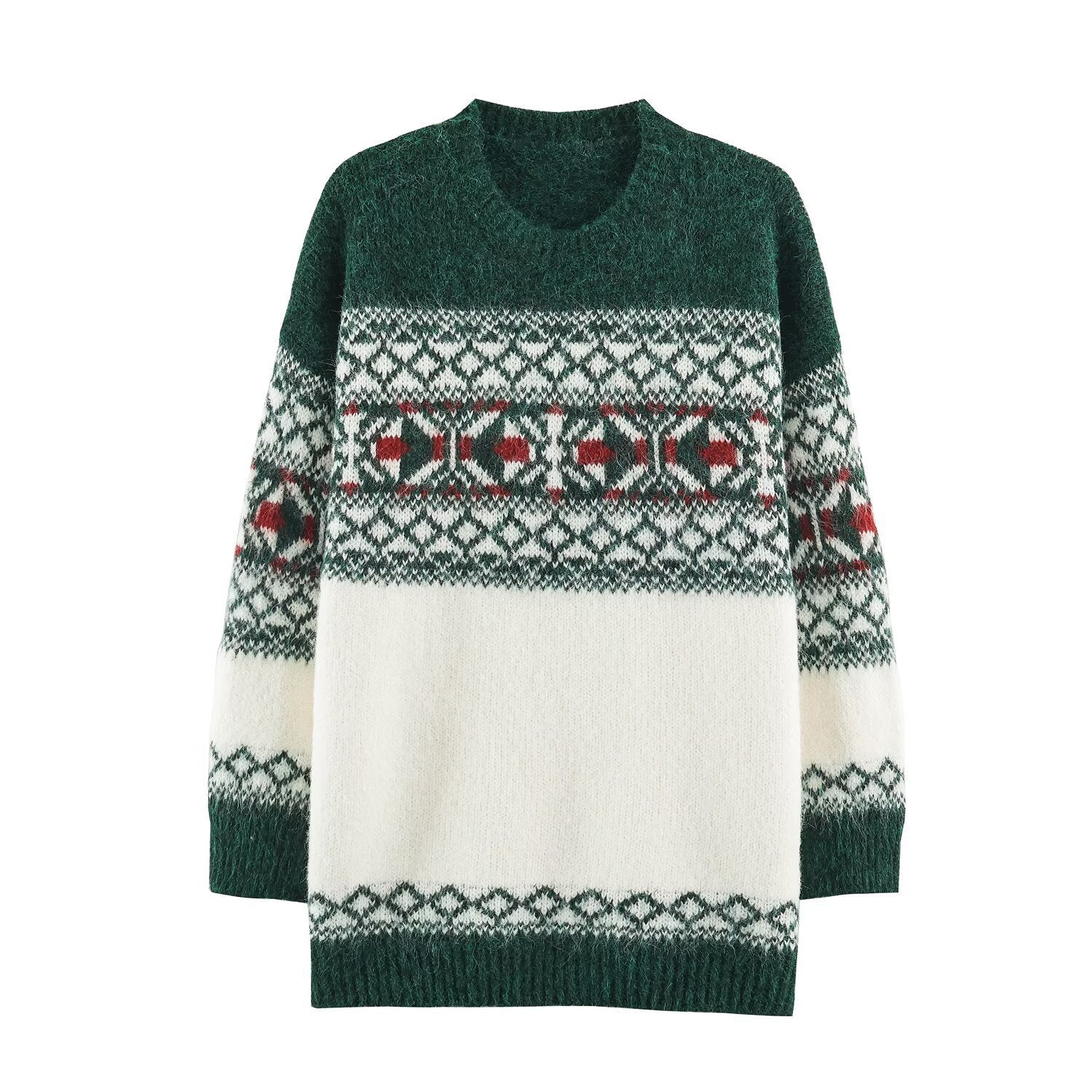 Color Block Christmas Knit Sweater With Long Sleeve Featuring Jacquard Craft And Pullover Design