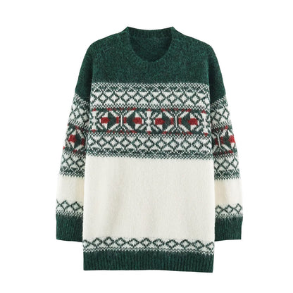 Color Block Christmas Knit Sweater With Long Sleeve Featuring Jacquard Craft And Pullover Design
