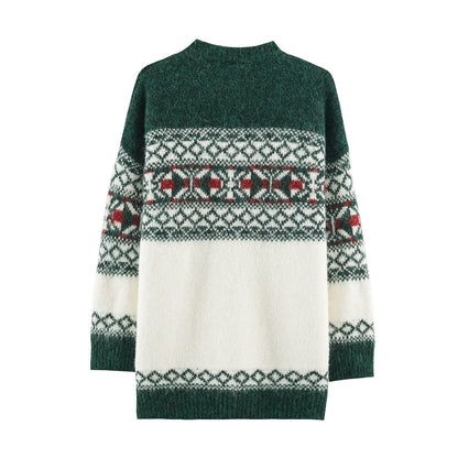 Color Block Christmas Knit Sweater With Long Sleeve Featuring Jacquard Craft And Pullover Design