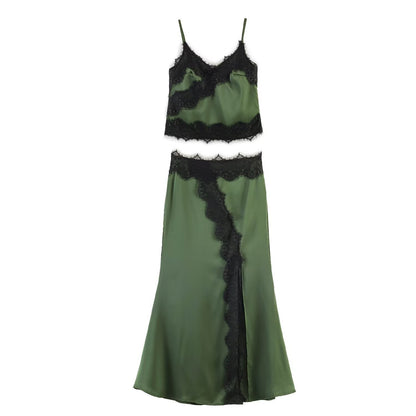 Vintage Style Sleeveless Skirt Co-ord Set In Polyester Featuring Lace Craft For Summer