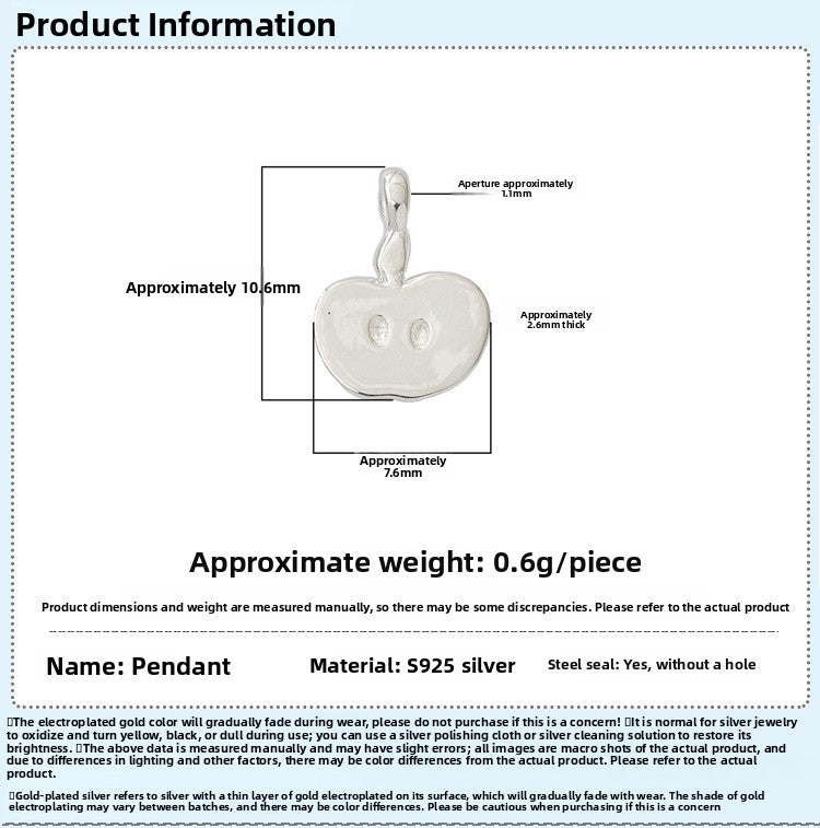Apple Pendant In 925 Sterling Silver With Electroplated Finish, Silver Jewelry Accessory