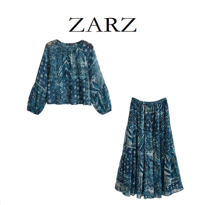 Vintage Style Skirt Co-ord Set With Printing, Long Sleeve, Polyester Fabric, 2 Pieces Set