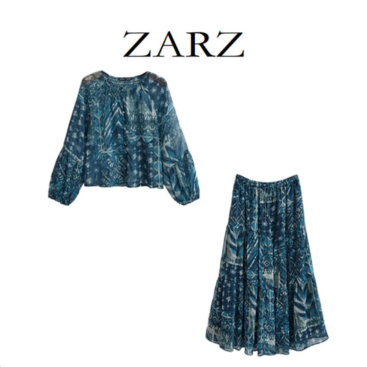 Vintage Style Skirt Co-ord Set With Printing, Long Sleeve, Polyester Fabric, 2 Pieces Set