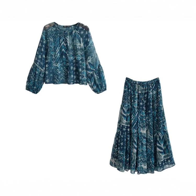 Vintage Style Skirt Co-ord Set With Printing, Long Sleeve, Polyester Fabric, 2 Pieces Set