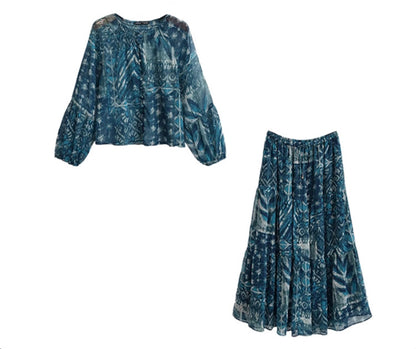 Vintage Style Skirt Co-ord Set With Printing, Long Sleeve, Polyester Fabric, 2 Pieces Set