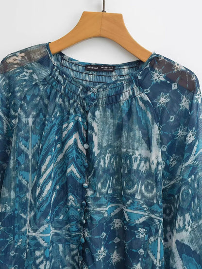 Vintage Style Skirt Co-ord Set With Printing, Long Sleeve, Polyester Fabric, 2 Pieces Set