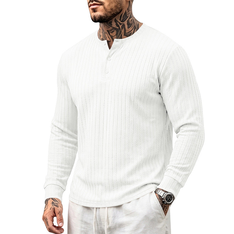 Vintage Style Solid Color Long Sleeve Men's T-Shirt In Polyester Featuring Jacquard Craft And Half Placket