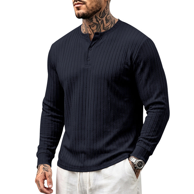 Vintage Style Solid Color Long Sleeve Men's T-Shirt In Polyester Featuring Jacquard Craft And Half Placket