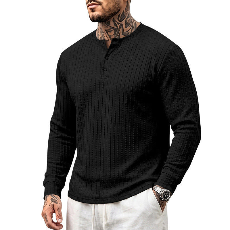 Vintage Style Solid Color Long Sleeve Men's T-Shirt In Polyester Featuring Jacquard Craft And Half Placket