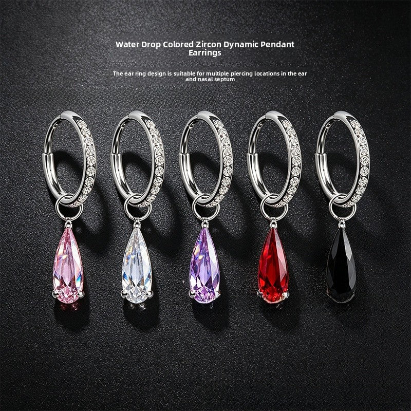 Water Droplets Earrings For Unisex Featuring Red Zircon Inlay And Titanium Alloy Ear Pins