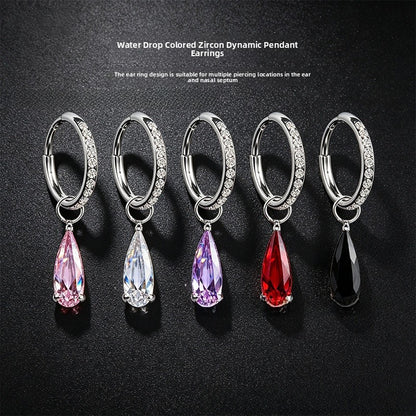 Water Droplets Earrings For Unisex Featuring Red Zircon Inlay And Titanium Alloy Ear Pins