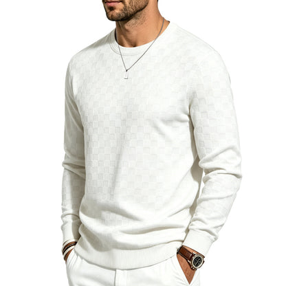 Men's Casual Gingham Long Sleeve Hoodie In White Polyester With Jacquard Craft Technique
