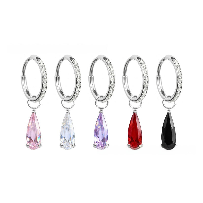 Water Droplets Earrings For Unisex Featuring Red Zircon Inlay And Titanium Alloy Ear Pins