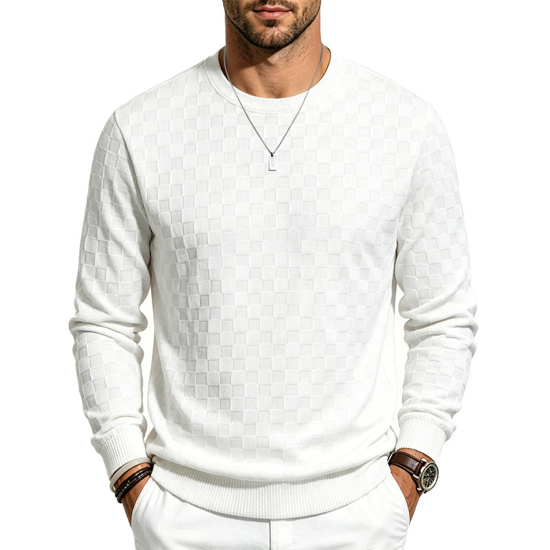 Men's Casual Gingham Long Sleeve Hoodie In White Polyester With Jacquard Craft Technique