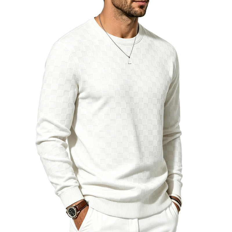 Men's Casual Gingham Long Sleeve Hoodie In White Polyester With Jacquard Craft Technique