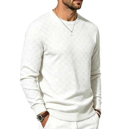 Men's Casual Gingham Long Sleeve Hoodie In White Polyester With Jacquard Craft Technique