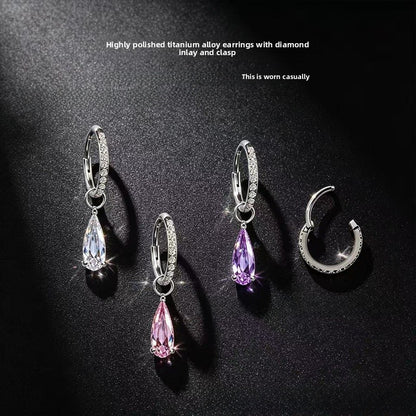 Water Droplets Earrings For Unisex Featuring Red Zircon Inlay And Titanium Alloy Ear Pins