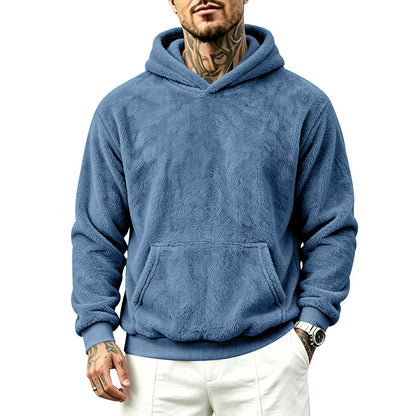 Solid Color Khaki Casual Men's Hoodie With Long Sleeve Featuring Rib-Knit Polyester Fabric
