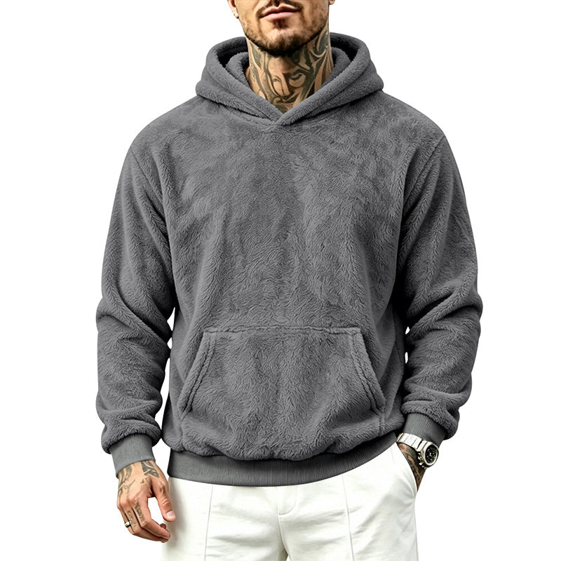 Solid Color Khaki Casual Men's Hoodie With Long Sleeve Featuring Rib-Knit Polyester Fabric