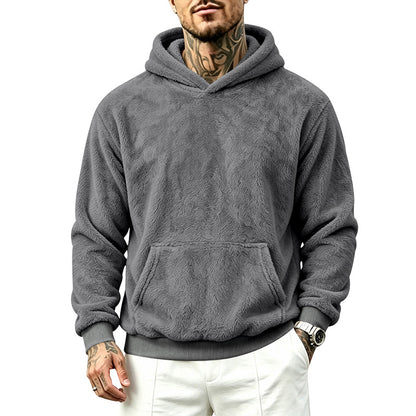 Solid Color Khaki Casual Men's Hoodie With Long Sleeve Featuring Rib-Knit Polyester Fabric