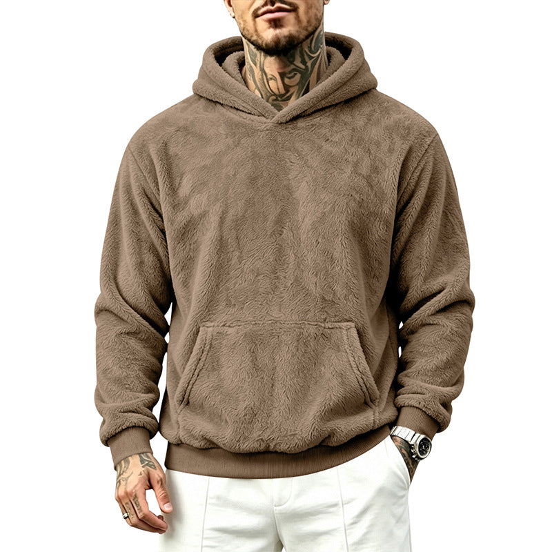 Solid Color Khaki Casual Men's Hoodie With Long Sleeve Featuring Rib-Knit Polyester Fabric