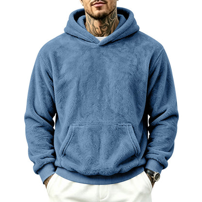 Solid Color Khaki Casual Men's Hoodie With Long Sleeve Featuring Rib-Knit Polyester Fabric