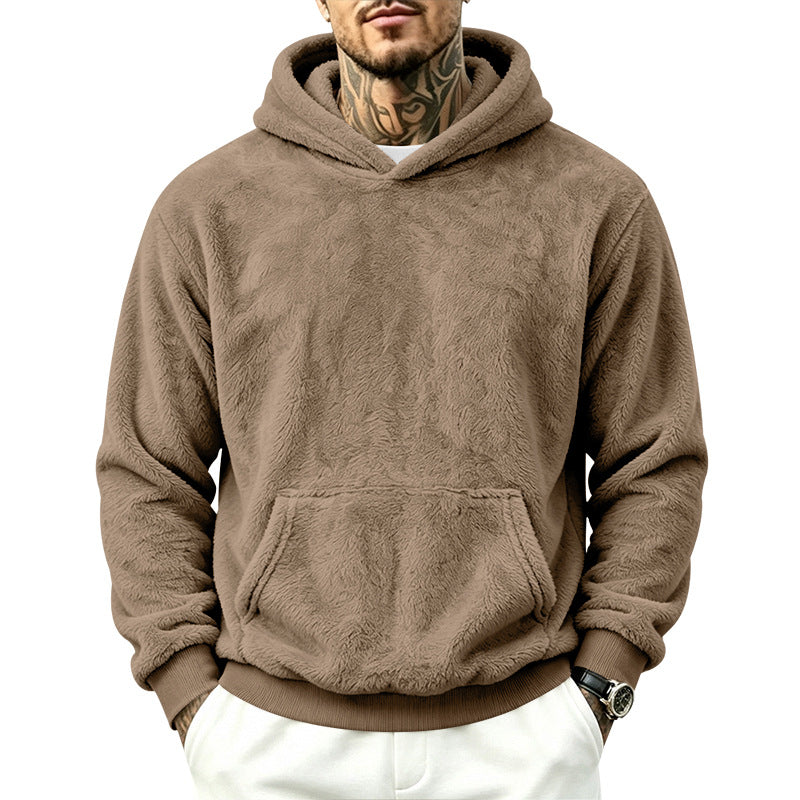 Solid Color Khaki Casual Men's Hoodie With Long Sleeve Featuring Rib-Knit Polyester Fabric
