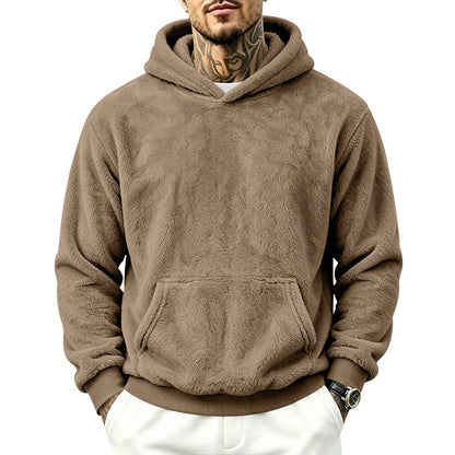 Solid Color Khaki Casual Men's Hoodie With Long Sleeve Featuring Rib-Knit Polyester Fabric
