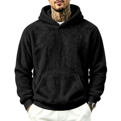 Solid Color Khaki Casual Men's Hoodie With Long Sleeve Featuring Rib-Knit Polyester Fabric