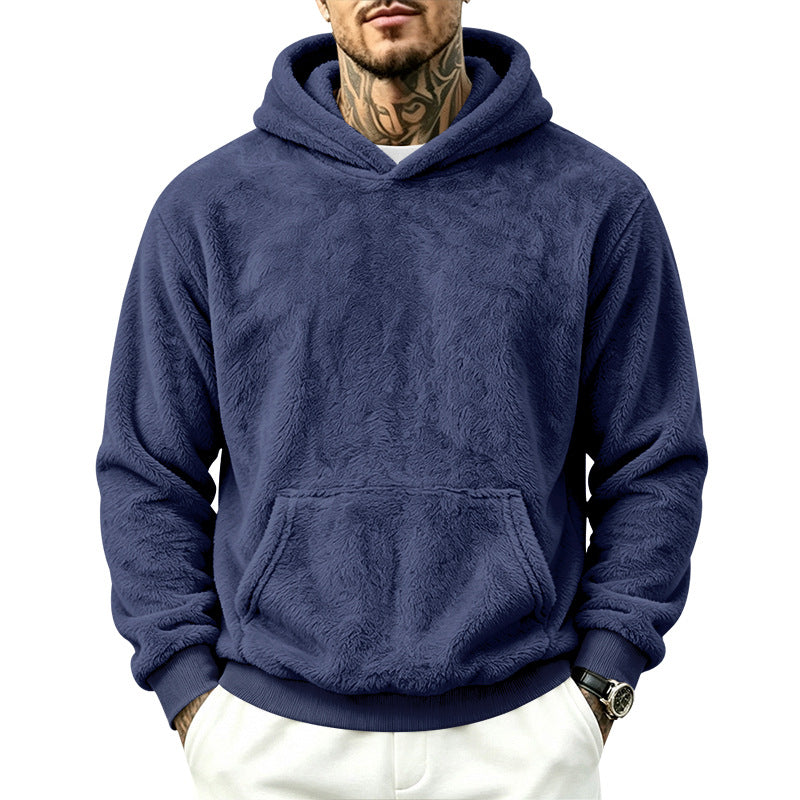 Solid Color Khaki Casual Men's Hoodie With Long Sleeve Featuring Rib-Knit Polyester Fabric
