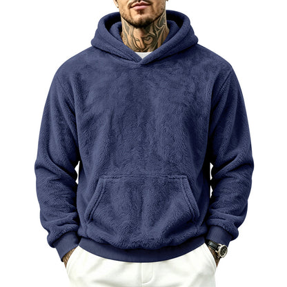 Solid Color Khaki Casual Men's Hoodie With Long Sleeve Featuring Rib-Knit Polyester Fabric