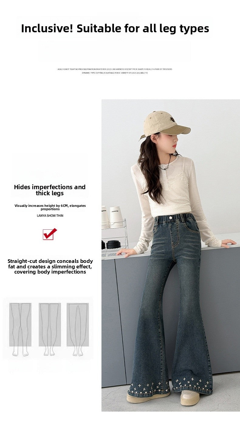 Solid Color Casual Cotton Blend Children's Pants For Girls With Embroidery, Full Length And Stretchy Fit