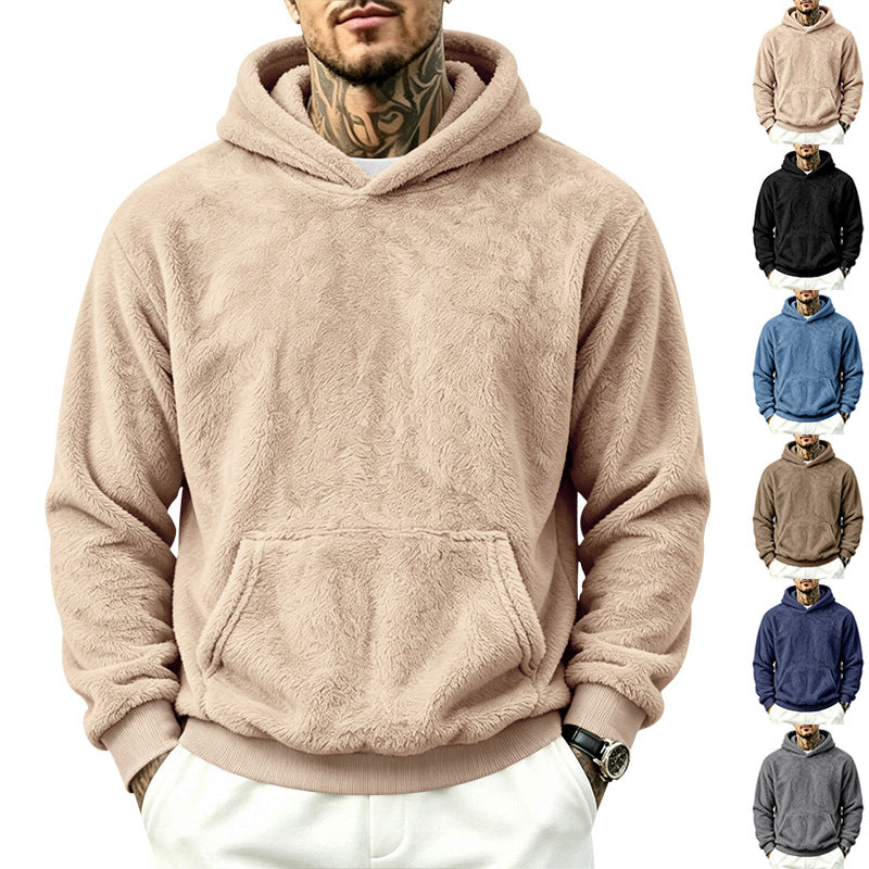 Solid Color Khaki Casual Men's Hoodie With Long Sleeve Featuring Rib-Knit Polyester Fabric
