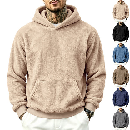 Solid Color Khaki Casual Men's Hoodie With Long Sleeve Featuring Rib-Knit Polyester Fabric