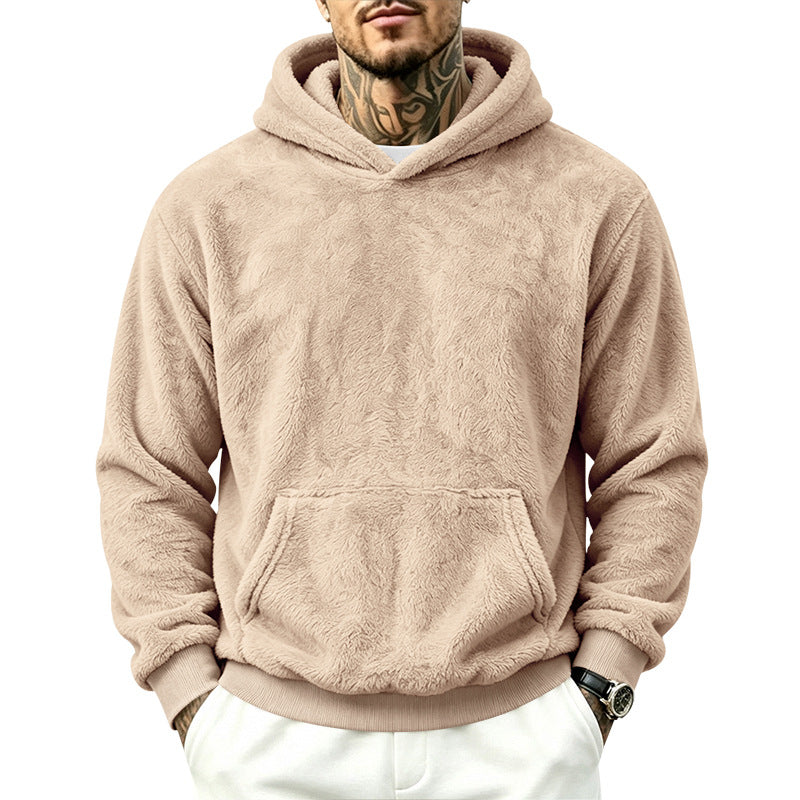 Solid Color Khaki Casual Men's Hoodie With Long Sleeve Featuring Rib-Knit Polyester Fabric