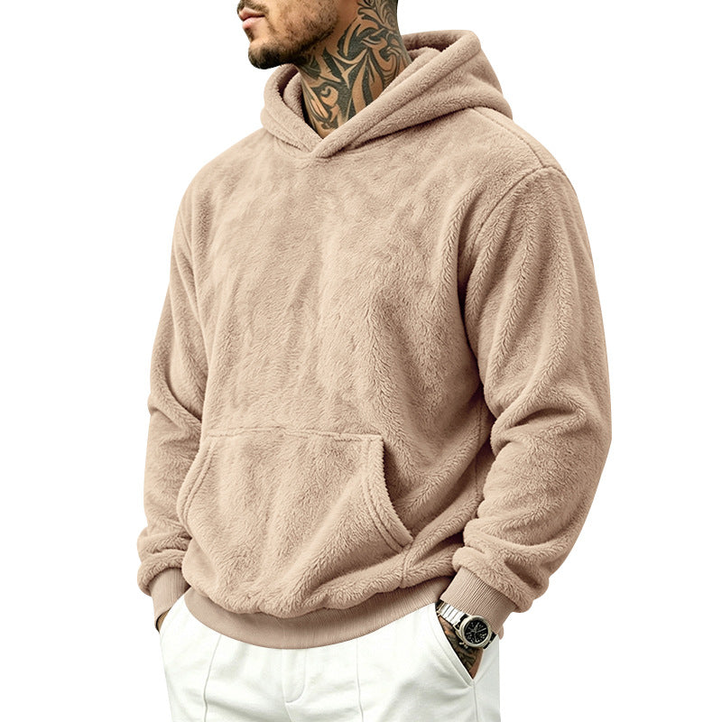 Solid Color Khaki Casual Men's Hoodie With Long Sleeve Featuring Rib-Knit Polyester Fabric