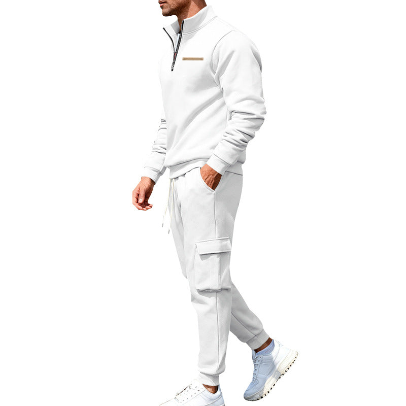 Men's Casual Trousers Sweater Set With Elastic Waist, White Sweatshirt & Hoodie Co-ord Set In Polyester
