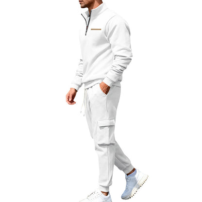 Men's Casual Trousers Sweater Set With Elastic Waist, White Sweatshirt & Hoodie Co-ord Set In Polyester