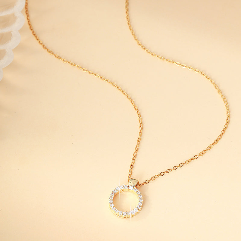 Women's Round Necklace With Golden Plated Copper And Zircon Inlay, Electroplated Finish On A Cable Chain