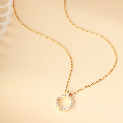 Women's Round Necklace With Golden Plated Copper And Zircon Inlay, Electroplated Finish On A Cable Chain