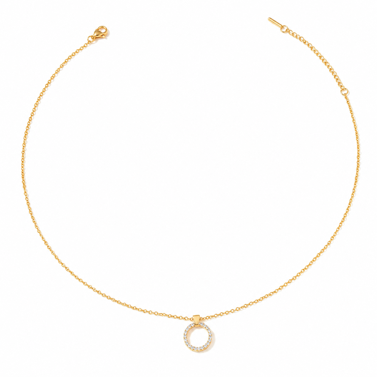 Women's Round Necklace With Golden Plated Copper And Zircon Inlay, Electroplated Finish On A Cable Chain