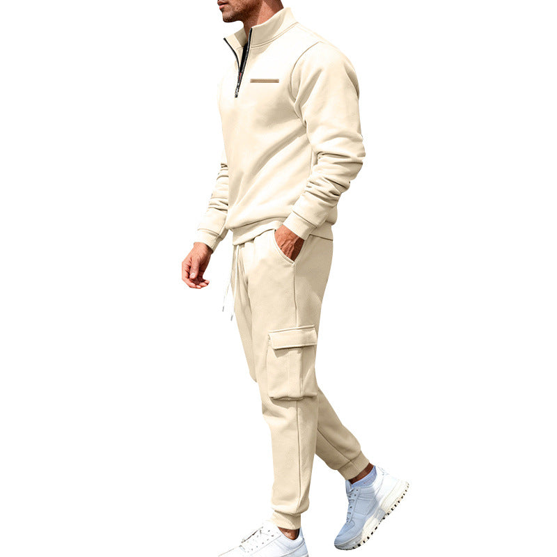 Men's Casual Trousers Sweater Set With Elastic Waist, White Sweatshirt & Hoodie Co-ord Set In Polyester