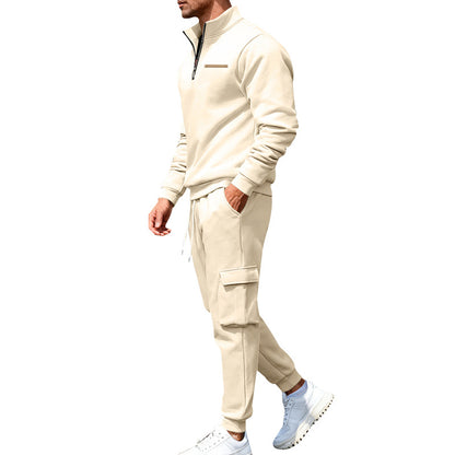 Men's Casual Trousers Sweater Set With Elastic Waist, White Sweatshirt & Hoodie Co-ord Set In Polyester