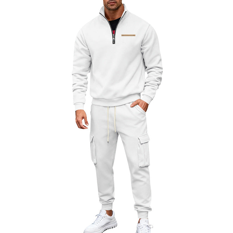 Men's Casual Trousers Sweater Set With Elastic Waist, White Sweatshirt & Hoodie Co-ord Set In Polyester